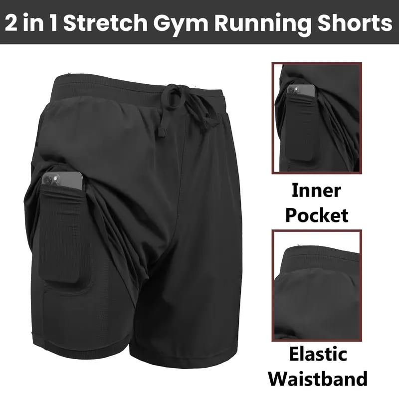 Men's 2 in 1 Stretch Active Quick Dry Gym Running Shorts With Liner