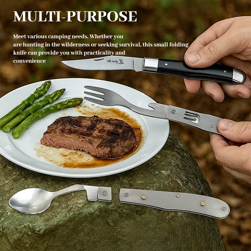 💥 4-in-1 camping tool folding knife, includes fork, spoon, and bottle opener.