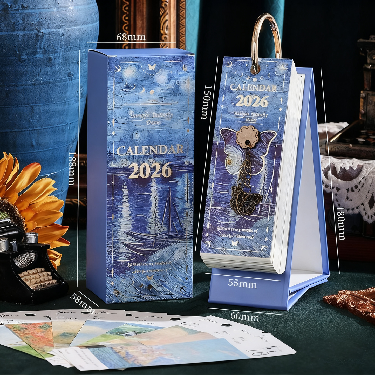 2026 Vintage /European Style Oil Painting Flip Calendar with Butterfly Pendant