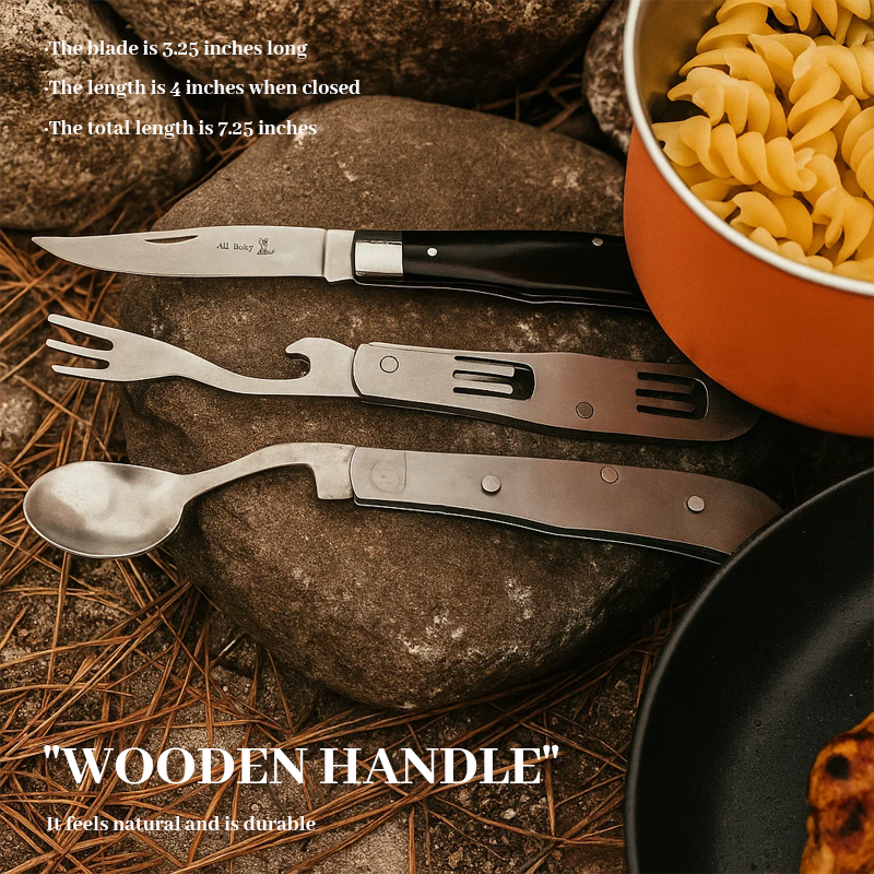 💥 4-in-1 camping tool folding knife, includes fork, spoon, and bottle opener.