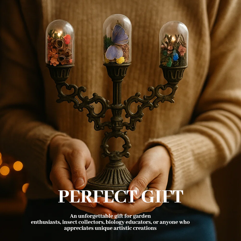 🕯️ Mini Candelabra with Natural Specimens 🦋🐝🌿