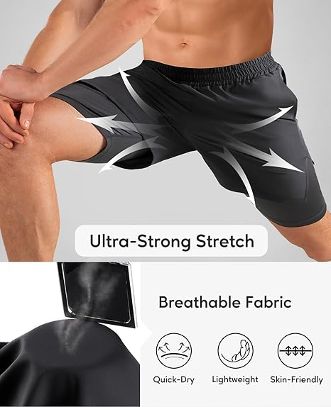 Men's 2 in 1 Stretch Active Quick Dry Gym Running Shorts With Liner