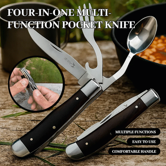 💥 4-in-1 camping tool folding knife, includes fork, spoon, and bottle opener.