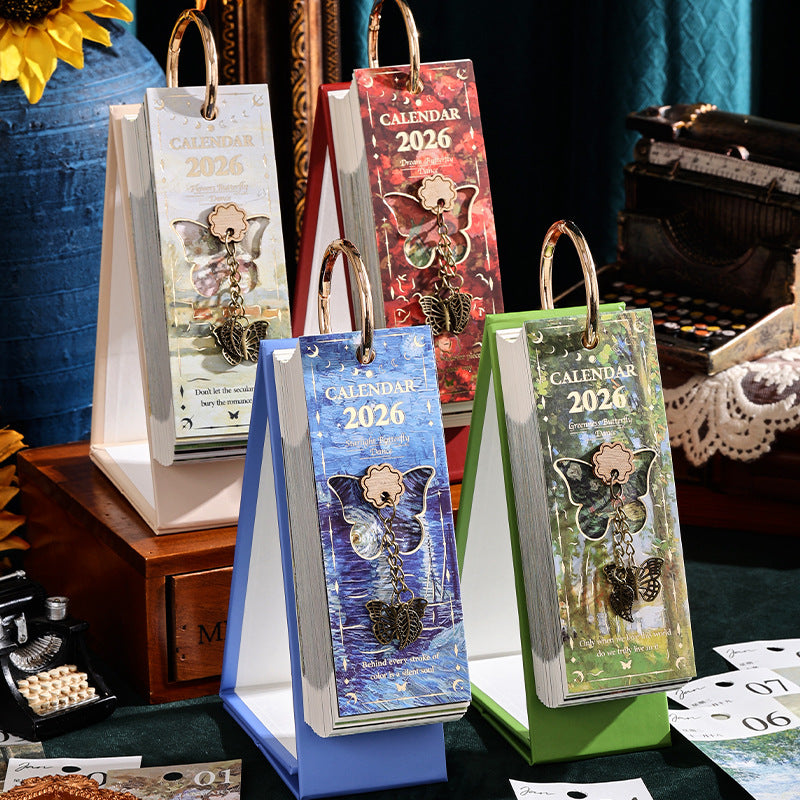 2026 Vintage /European Style Oil Painting Flip Calendar with Butterfly Pendant