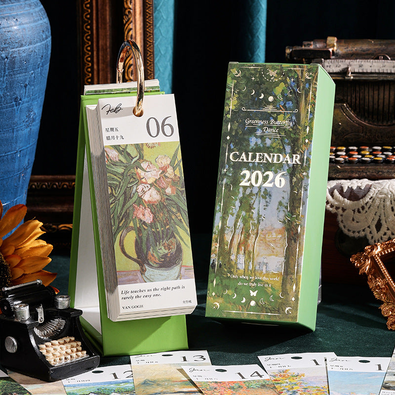 2026 Vintage /European Style Oil Painting Flip Calendar with Butterfly Pendant