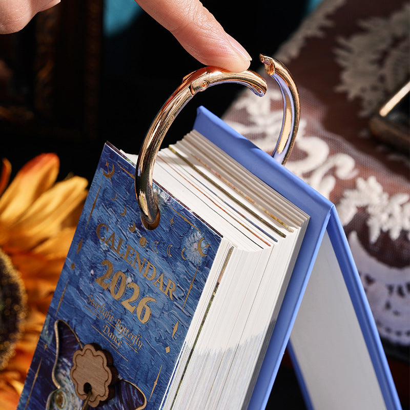 2026 Vintage /European Style Oil Painting Flip Calendar with Butterfly Pendant