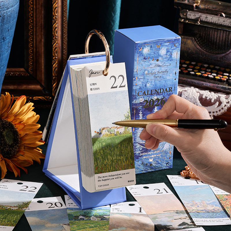 2026 Vintage /European Style Oil Painting Flip Calendar with Butterfly Pendant