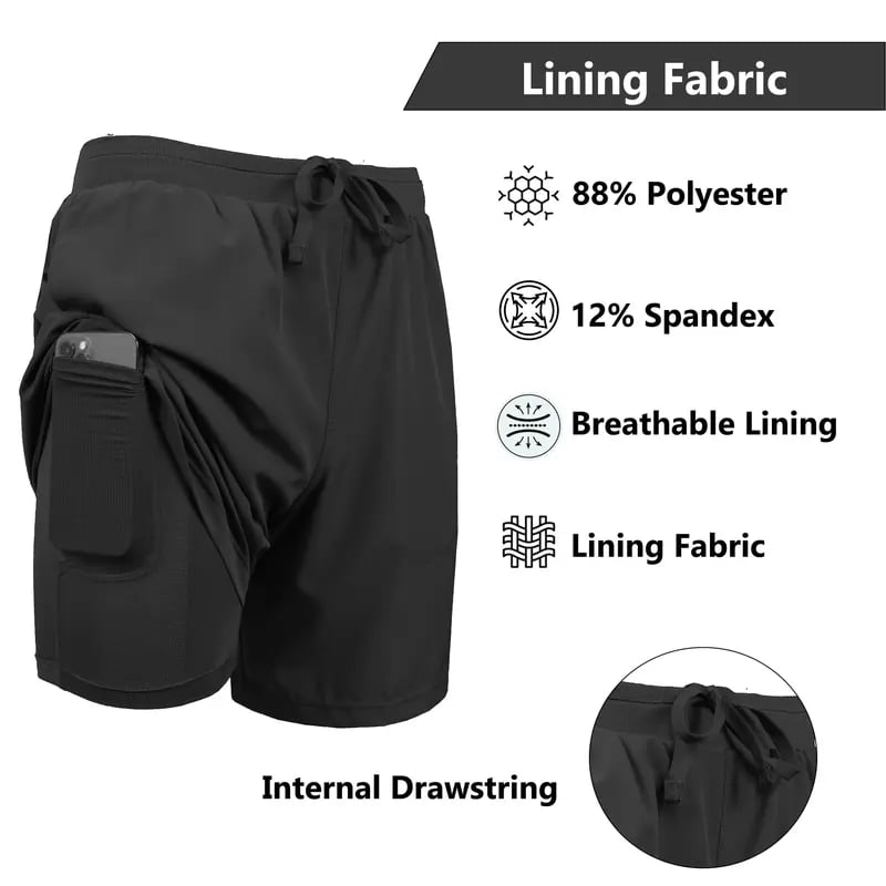 Men's 2 in 1 Stretch Active Quick Dry Gym Running Shorts With Liner