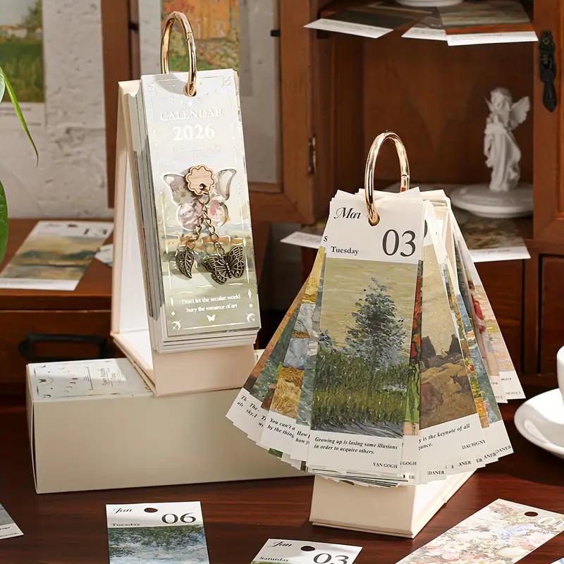 2026 Vintage /European Style Oil Painting Flip Calendar with Butterfly Pendant
