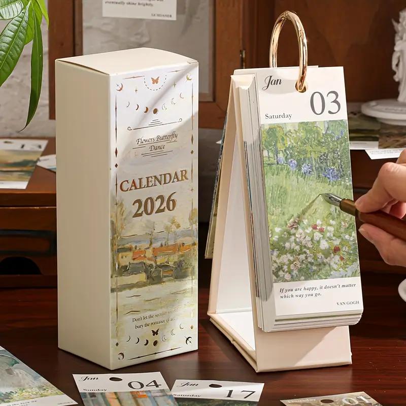 2026 Vintage /European Style Oil Painting Flip Calendar with Butterfly Pendant