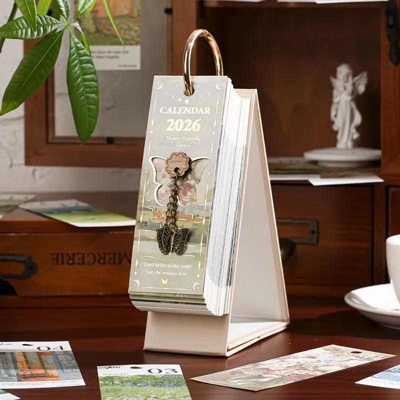 2026 Vintage /European Style Oil Painting Flip Calendar with Butterfly Pendant