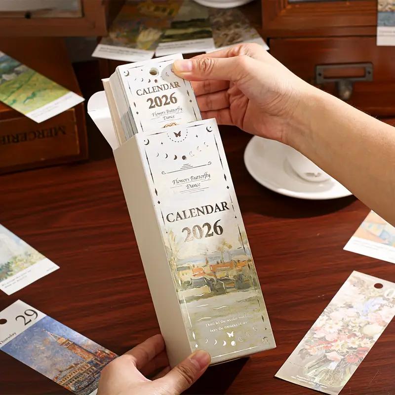 2026 Vintage /European Style Oil Painting Flip Calendar with Butterfly Pendant