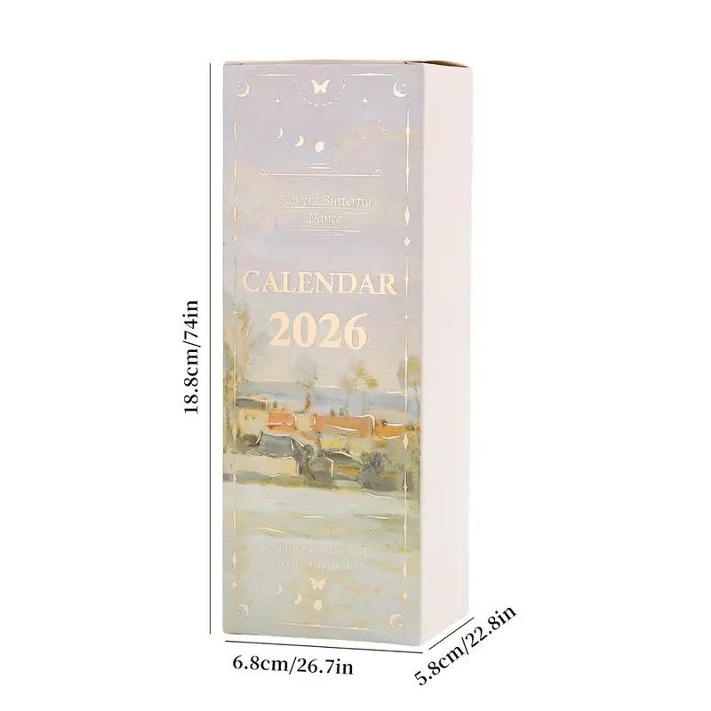 2026 Vintage /European Style Oil Painting Flip Calendar with Butterfly Pendant