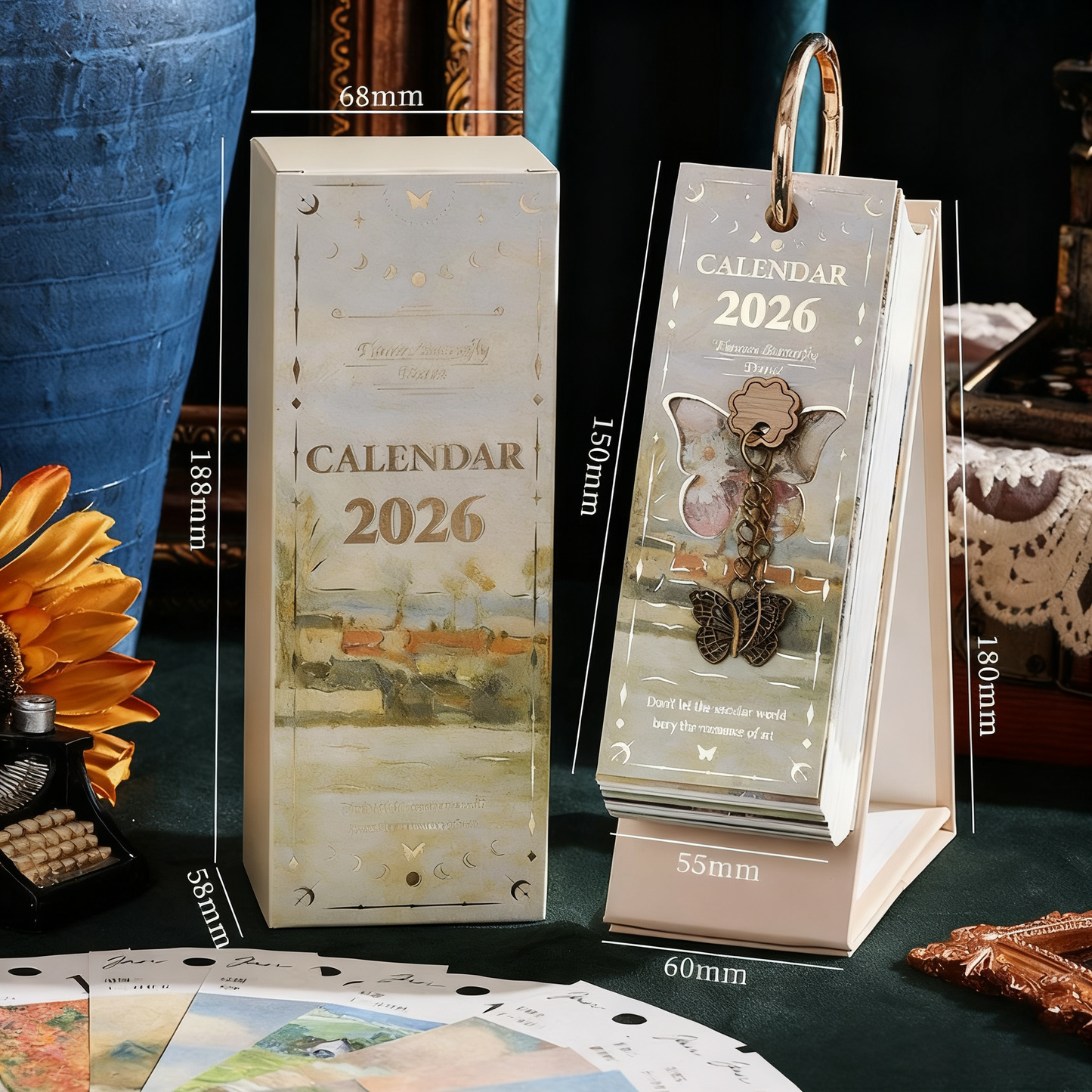2026 Vintage /European Style Oil Painting Flip Calendar with Butterfly Pendant