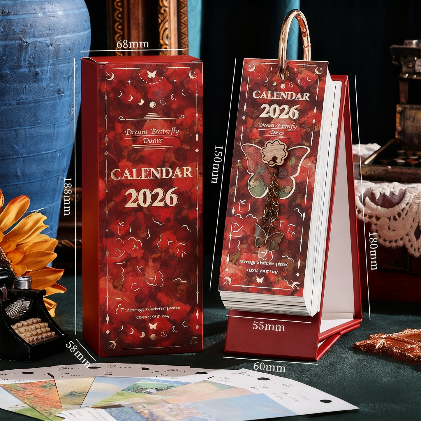 2026 Vintage /European Style Oil Painting Flip Calendar with Butterfly Pendant