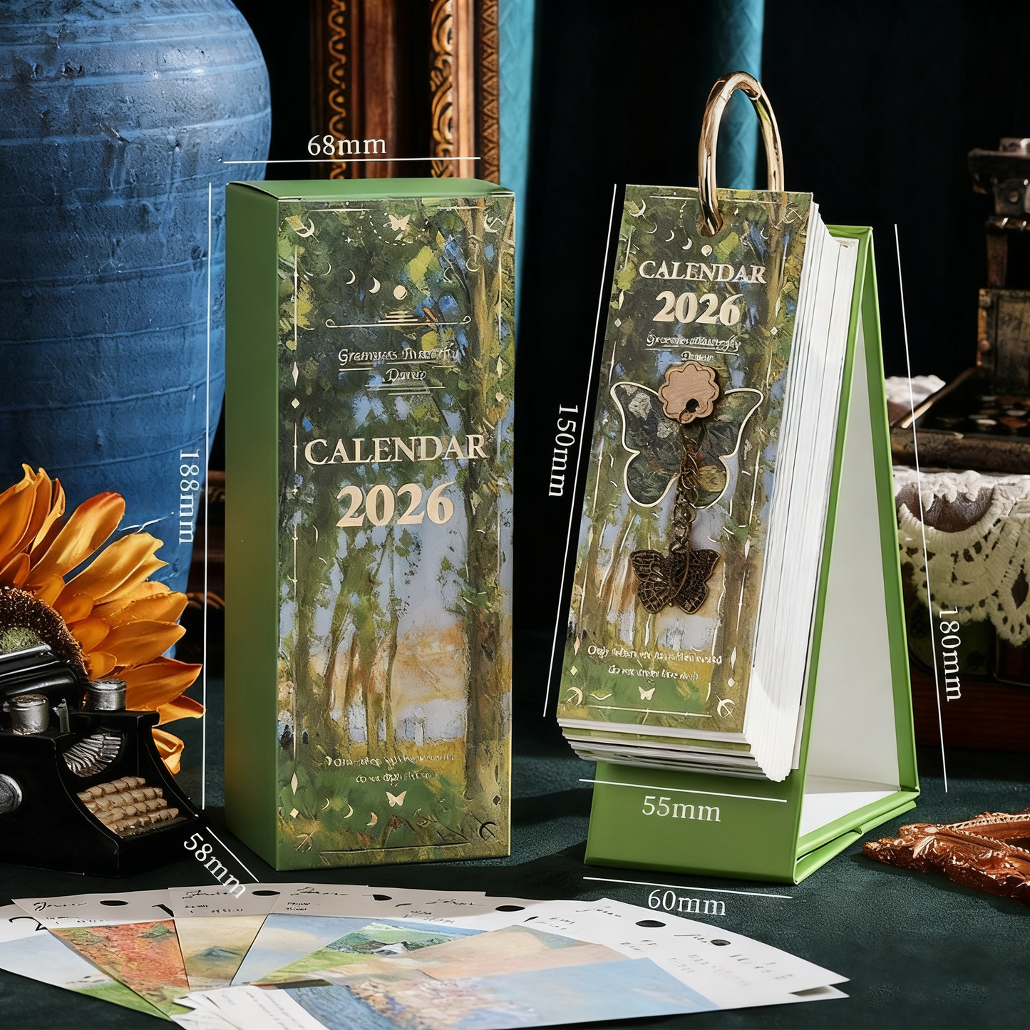 2026 Vintage /European Style Oil Painting Flip Calendar with Butterfly Pendant
