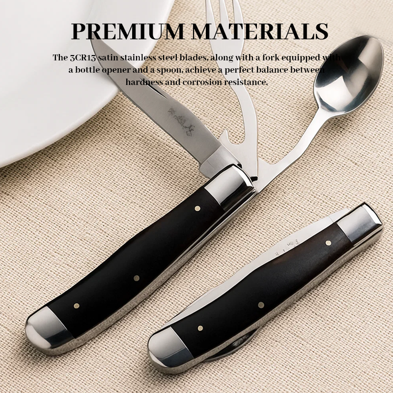 💥 4-in-1 camping tool folding knife, includes fork, spoon, and bottle opener.