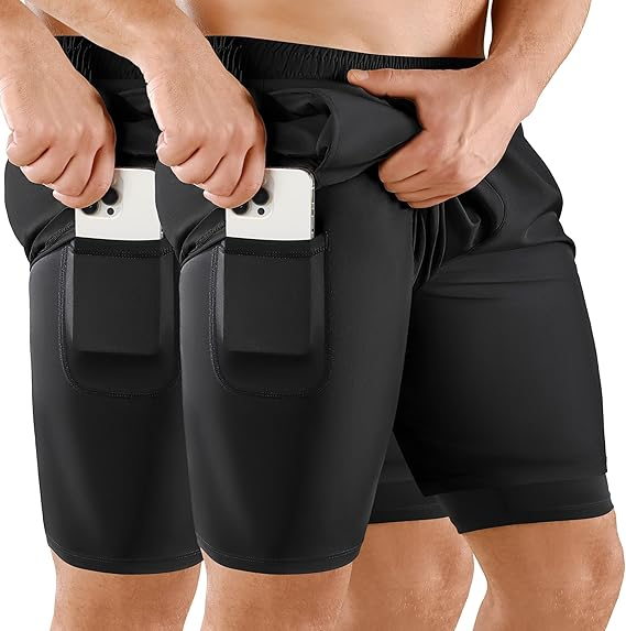 Men's 2 in 1 Stretch Active Quick Dry Gym Running Shorts With Liner
