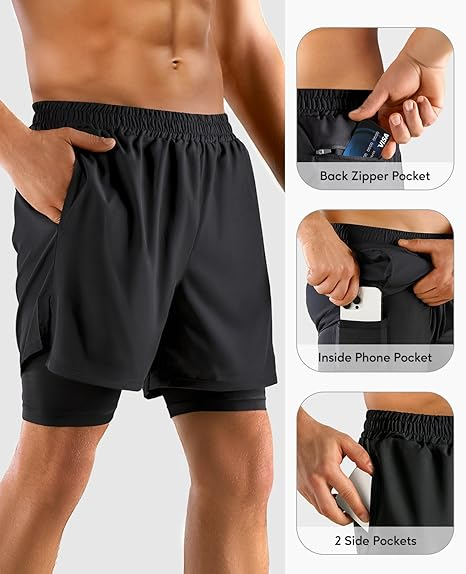 Men's 2 in 1 Stretch Active Quick Dry Gym Running Shorts With Liner