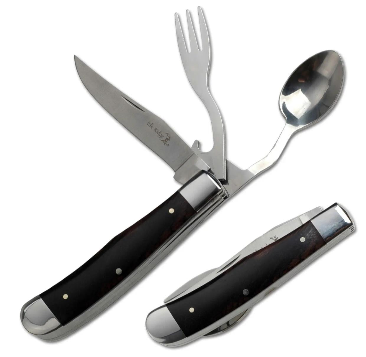 💥 4-in-1 camping tool folding knife, includes fork, spoon, and bottle opener.