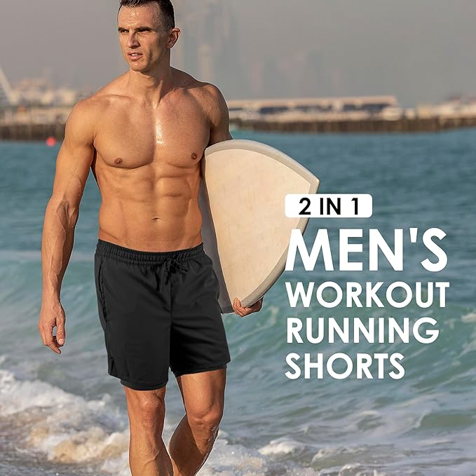 Men's 2 in 1 Stretch Active Quick Dry Gym Running Shorts With Liner