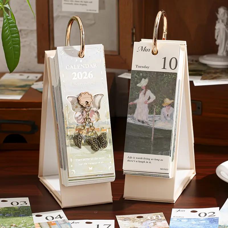 2026 Vintage /European Style Oil Painting Flip Calendar with Butterfly Pendant