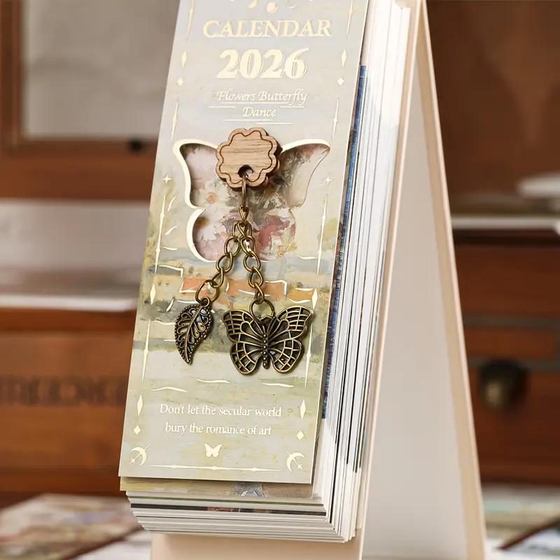 2026 Vintage /European Style Oil Painting Flip Calendar with Butterfly Pendant